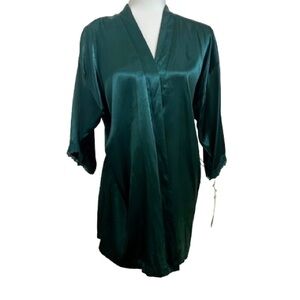 NWT Linea Donatella satin emerald green womens wrap robe lace trim sleeves small